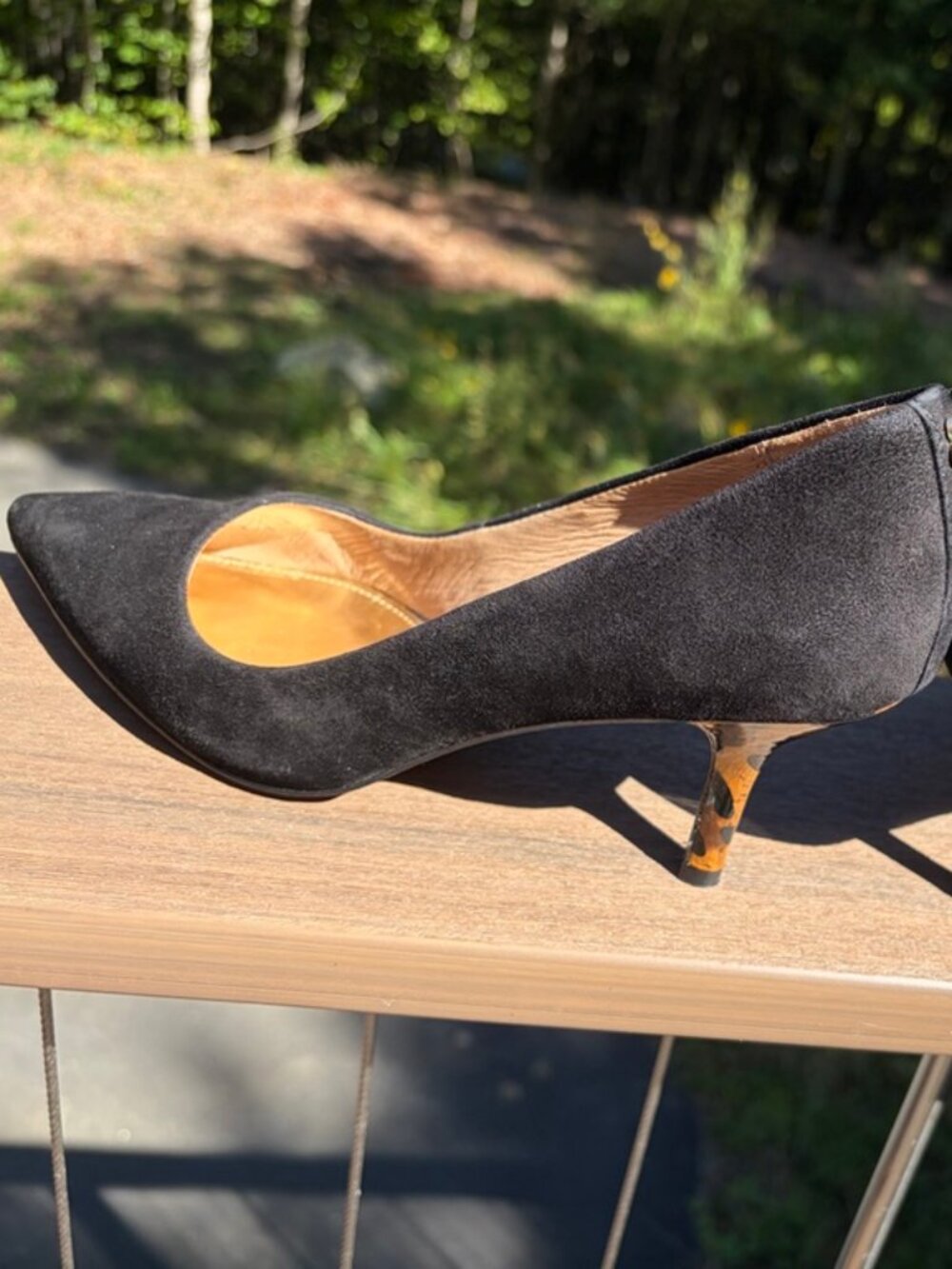 Coach Black Suede Pumps with Animal Print Heels, Size 6.5